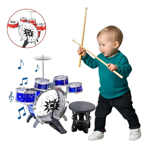 Mini Bateria Infantil Banquinho Brinquedo Com 5 Tambores Cor Azul