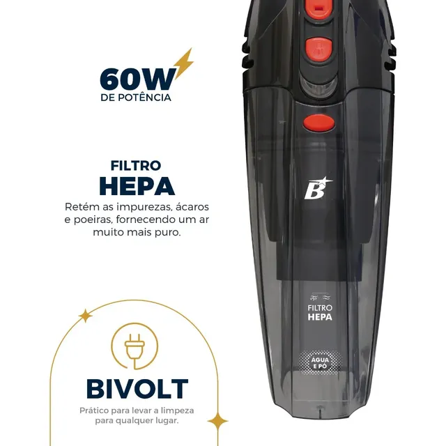 Aspirador De Pó Portátil Bas01 Pó E Água Bivolt 60w Britânia Cinza
