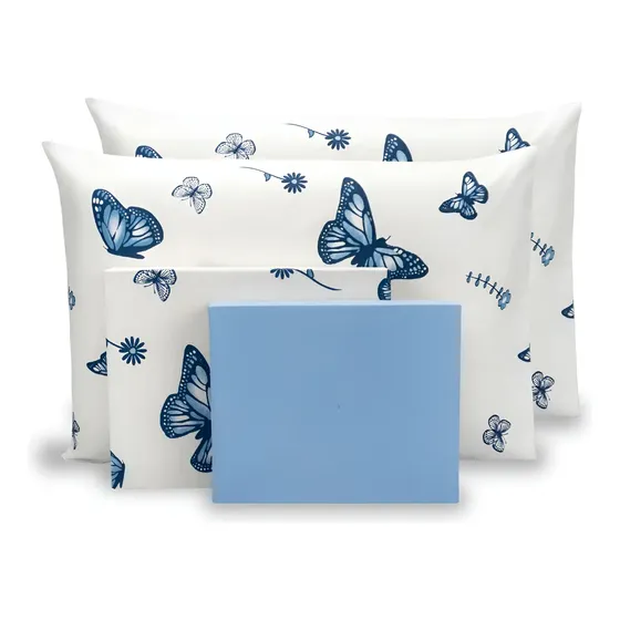Jogo De Lençol Queen 6 Pçs Estampado 180 Fios 40 Cm Cor Borboletas Azul - Azul Motorista Desenho do tecido Estampas