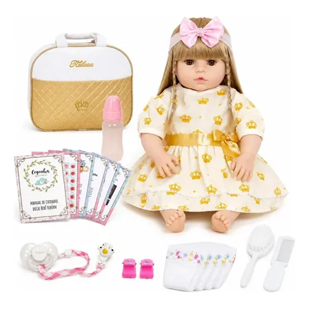 Boneca Bebê Reborn Menina 52cm Loira Vinil Siliconado Vestido Amarelo