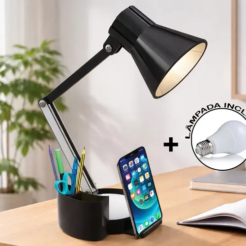 Luminária Articulável com Porta Lápis, Caneta E Suporte de Celular abajur articulado ajustável