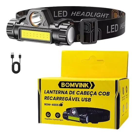 Lanterna De Cabeça Led Recarregável Bomvink 500 Lm Preto À Prova D'água Branco