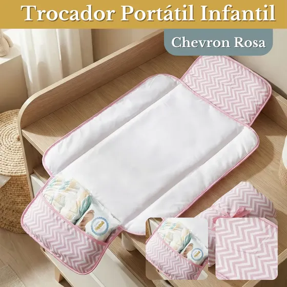 Trocador De Fralda Impermeável Dobrável Lindas Estampas Chevron Rosa