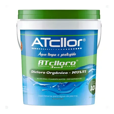 Cloro Orgânico ATclloro 3 em 1 Para Piscina 10Kg Algicida Clarificante Decantador