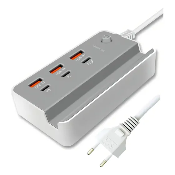 Estação Carregamento USB 35W Branco Multiportas 3 USB + 3 Tipo-C