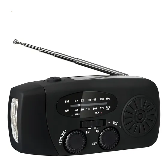 Rádio Digital Emergência Solar Manivela FM AM USB Lanterna Preto