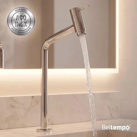 Torneira Banheiro Lavabo Bica Alta Bancada Inox Cromada Link 45° Beltempo Prateado Cromado