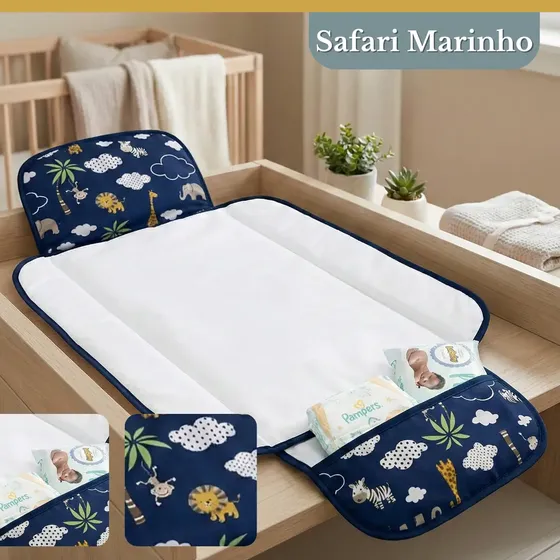 Trocador De Fralda Impermeável Dobrável Retrátil Com Bolso Lindas Estampas Safari Marinho