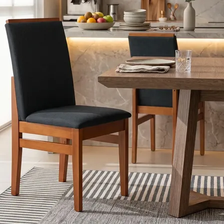 Kit 2 Cadeiras Sala Jantar Cozinha Mesa Veneza Moderna Elegante Madeira Maciça Eucalipto Estofada Luxo Assento Espuma... Verniz Canela Linho Preto E118