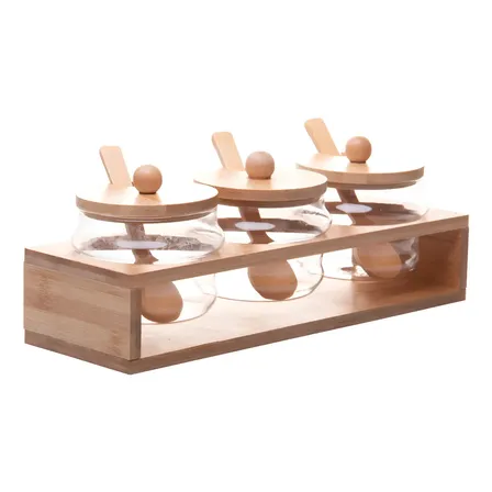 Conjunto 3 Potes Em Vidro Borossilicato Com Tampa Hermética Colher Suporte Rack Em Bambu 280ml - Wolff Incolor