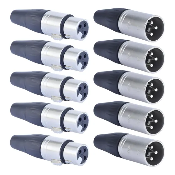 Kit 10 Conector Plug Xlr Canon 5 Macho + 5 Fêmea Roxtone Cor Prata
