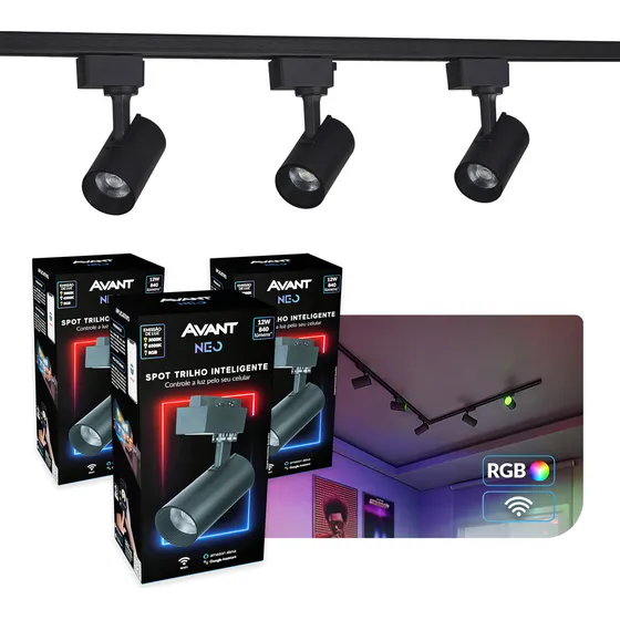 Kit Trilho 3 Spot Smart Inteligente 1 Metro 36w Wi-Fi Alexa Google RGB Colorido Preto Avant Neo