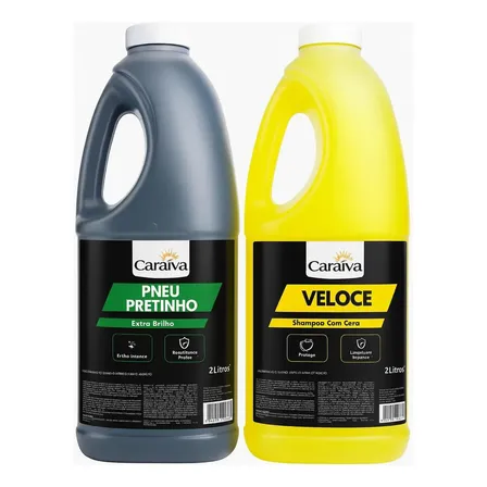 Kit Lavagem Automotiva Caraíva Shampoo Com Cera 2L + Pneu Pretinho Extra Brilho 2 Litros Biodegradável