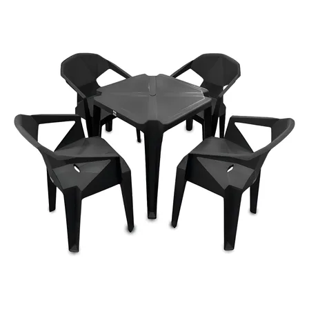 Kit Mesa Plástico Quadrada Preto Jr Plasticos Com 4 Cadeiras Diamond 70x70