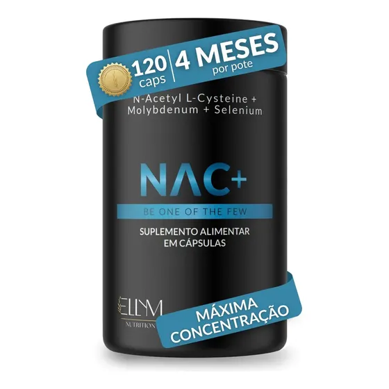 NAC 600 mg Acetilcisteina Molibdênio Selênio 120 Cápsulas 4 Meses N-acetil L-cisteína Máxima Concentração Pureza Essencial Precursor Glutationa Sem Sabor Ellym Nutrition