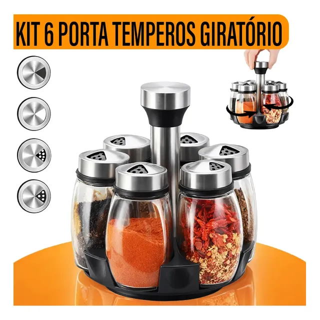 Yab - Porta Tempero De Mesa Saleiro Giratório 6 Potes P/ Condimentos Em Vidro E Aço Inox Cozinha Premium Preto