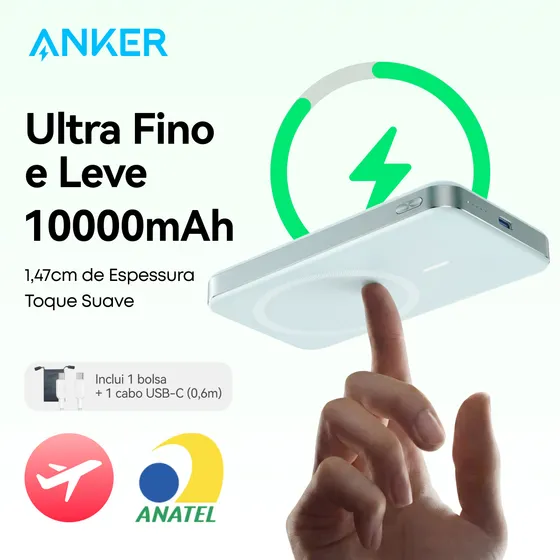 Carregador Portátil Indução 10000mAh Power Bank Anker MagGo Magnético MagSafe para Apple iPhone 17/16/15/14/13/12 Series, Bateria Externa Sem Fio Carga Rápida 15W, Ultra Slim Cor Verde