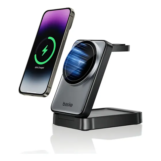 Carregador Indução Sem Fio 3em1 Basike Magsafe iPhone 17 16 15 14 Apple Watch AirPods Dobrável Preto