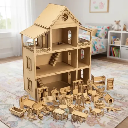Casinha De Bonecas Mdf 80cm + Kit 52 Móveis Desmontados