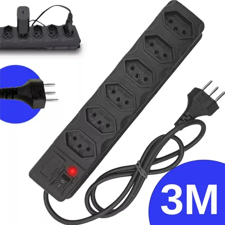 Régua Extensão Elétrica 6 Tomadas Filtro Linha 10a Cabo 3 Metros Preto 127/220v