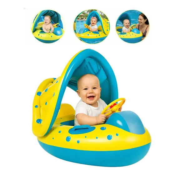 Boia Bote Bebê Infantil Inflável Piscina Com Cobertura De Proteção UV Cor Azul/amarelo Indue Variedades