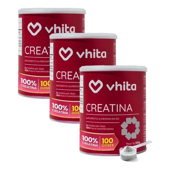 Creatina Pura Monoidratada 300G Vhita (100 Doses Cada Lata) - 3 Latas
