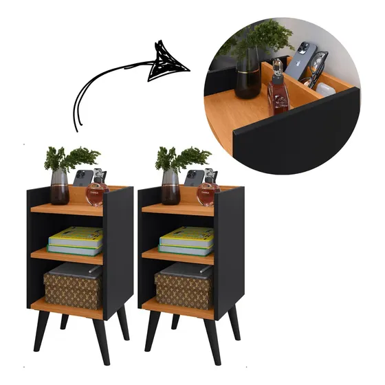 2 Criado Mudor C/ Gaveta E Prateleira Maravilho Quarto Decor Acabamento Brilhante Cor Kit Max Preto/Cina