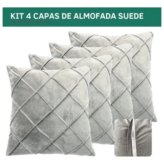 Kit 4 Capas De Almofadas 40x40cm Suede Drapeada Luxo Toque Aveludado Super Macio Resistente Premium Cor Cinza