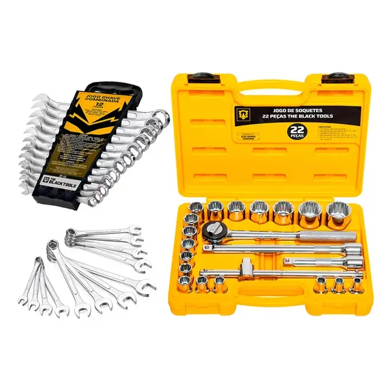 Jogo De Soquetes Estriado Com 22 Peças E Maleta Cor Amarelo + Jogo De Chaves Combinadas 6 A 22mm 12 Pçs The Black Tools