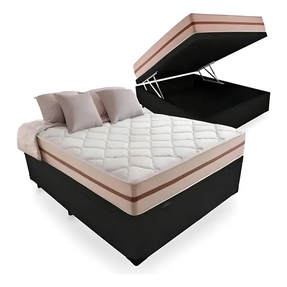 Cama Box Baú Casal Com Colchão Pillow Angel Molas Ensacadas Preto