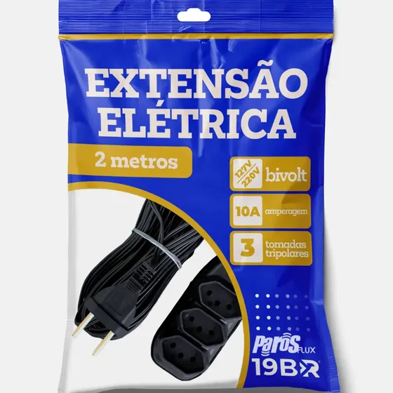 Extensão Elétrica 2 Metros com 3 Tomadas Bivolt Preta Parosflux