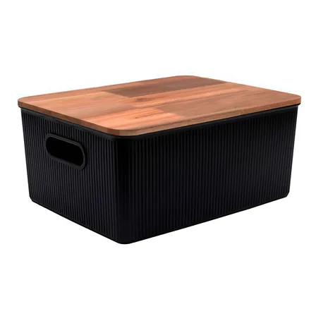 Caixa Organizadora 16l De Plástico Tampa De Madeira - Oikos Cor Preto Liso