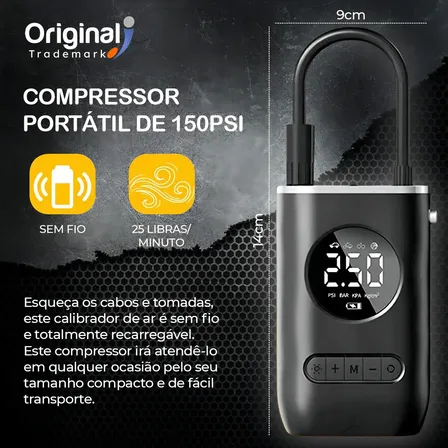 Mini Compressor Ar Digital Portátil Bomba Elétrica Sem Fio Carro Moto Pneu Calibrador 12v O.t Preto