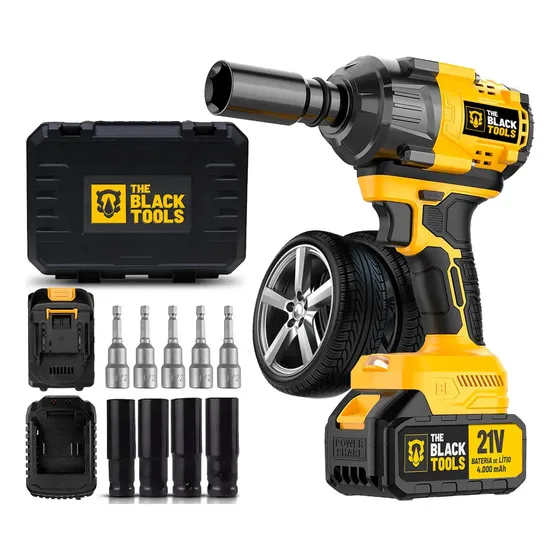 Kit Chave De Impacto Profissional Brushless Bateria 21v 4ah Mandril 13mm 1/2 Pol Com Soquetes Canhão 1/2 The Black Tools Amarelo 127/220v 50/60hz