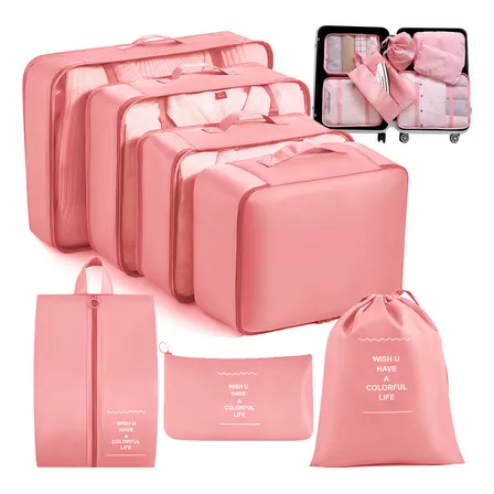 Kit Organizador De Mala Com 7 Necessaires Impermeáveis Para Viagem Rosa Liso