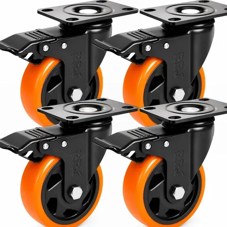 Kit 4 Rodinhas Para Moveis Pesados 4 Polegadas Rodízio Roda Grande Reforçada Com Trava Dupla Placa Superior Giratória 100mm Material Pvc Ideal Para Moveis, Carrinhos, Bancadas Cor Laranja Marca Rrj