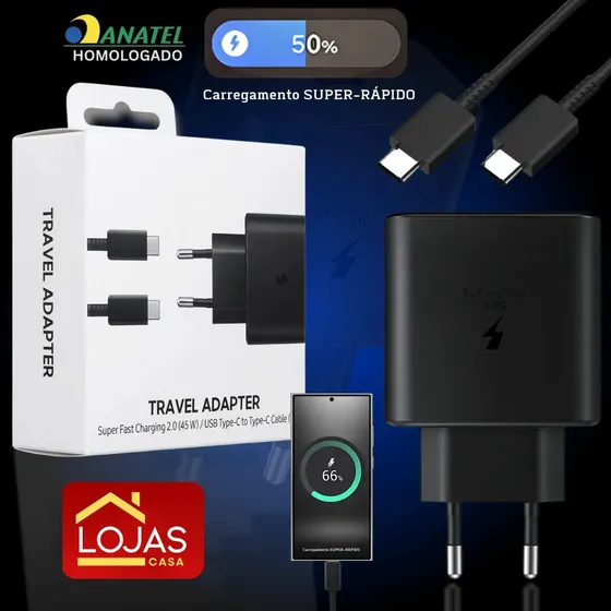 Carregador Fonte Turbo 45w Para Samsung Com Cabo Super Fast Cor Preto Lojas Casa