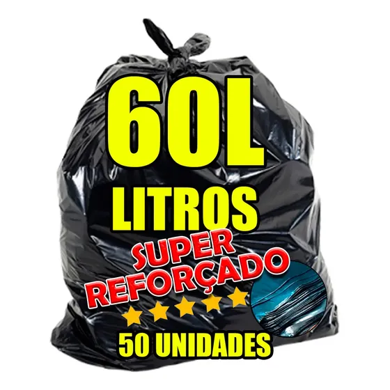 Saco De Lixo 60 Litros Super Reforçado Grosso - Kit Com 50 Unidades Preto