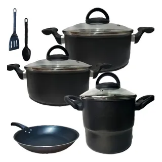 Conjunto De 4 Peças Antiaderente + 1 Espátula Nylon Cor Preto