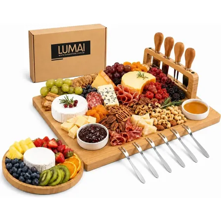 Lumai Kit Tábua Grande Para Queijos E Frios De Bambu Premium Polimento Duplo + Petisqueira - Suporte Magnético - Tabua... Marrom