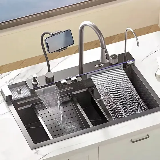 Cuba Winda Kit Pia Cozinha Inteligente Smart LED 75x45x23cm Cinza Escuro Inox 304 Premium Com Cascata, Suporte Celular E Torneira Água Filtrada