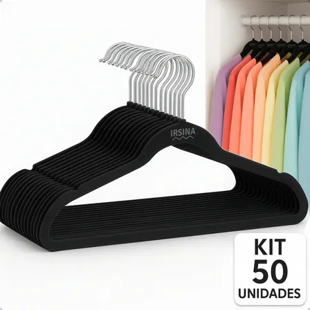 Kit 50 Cabides Veludo Preto Antideslizante Slim Irsina Aço Inox