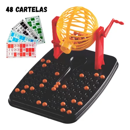 Jogo De Bingo Clássico 48 Cartelas 90 Bolinhas Globo Giratório Plástico