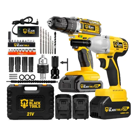 Parafusadeira Furadeira De Impacto + Chave Impacto Brushless 430 Nm A Bateria 21v Bivolt Com Acessorios The Black Tools