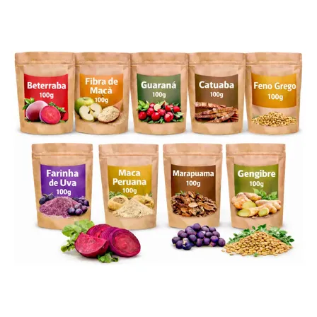 Kit Energia Força e Treino 9 Farinhas Naturais Beterraba Fibra de Maçã Guaraná Catuaba Uva Maca Peruana Negra Marapuama Gengibre Feno Grego