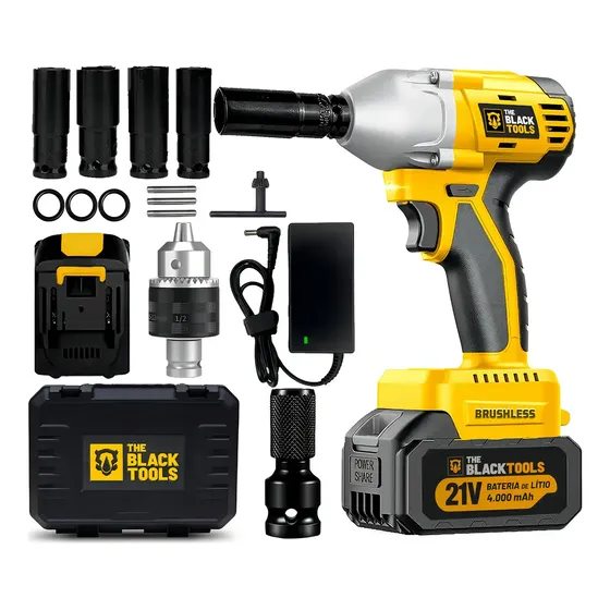 Kit Chave De Impacto 21v Furadeira Parafusadeira Brushless Sem Fio Bateria 4000mah Mandril 13mm 1/2 Pol The Black Tools Amarelo 127/220v 50/60hz