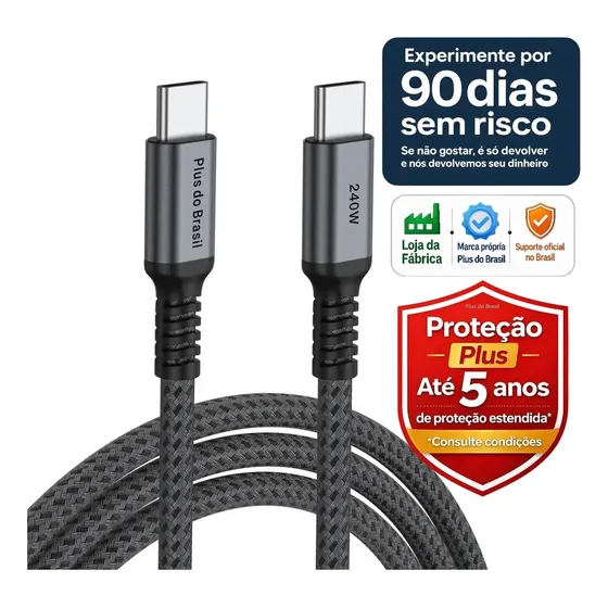 Plus Do Brasil Cabo Tipo C Duplo 240w 2 Metros Com Chip E-mark Compativel Com Apple Macbook iPhone 17 16 15 Galaxy Samsung S24 S23 S22 S21 Notebook Chromebook Galaxy Book 4 100w / 240W