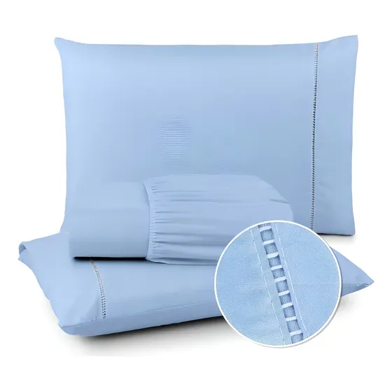 Lençol Queen 400 Fios Com Elastico 3 Peças Ponto Palito Cor Azul-claro Desenho Do Tecido Liso