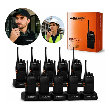 Kit 10 Radio Walk Talk Comunicador 16 Ch 12km Baofeng 777 Ht Cor Preto Familar