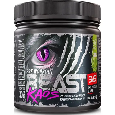 Pré Treino Beast Kaos 300g - Sabor Maçã Verde - Extra Forte Com Citrulina, Beta Alanina, Cafeína, Arginina, Taurina E Tirosina